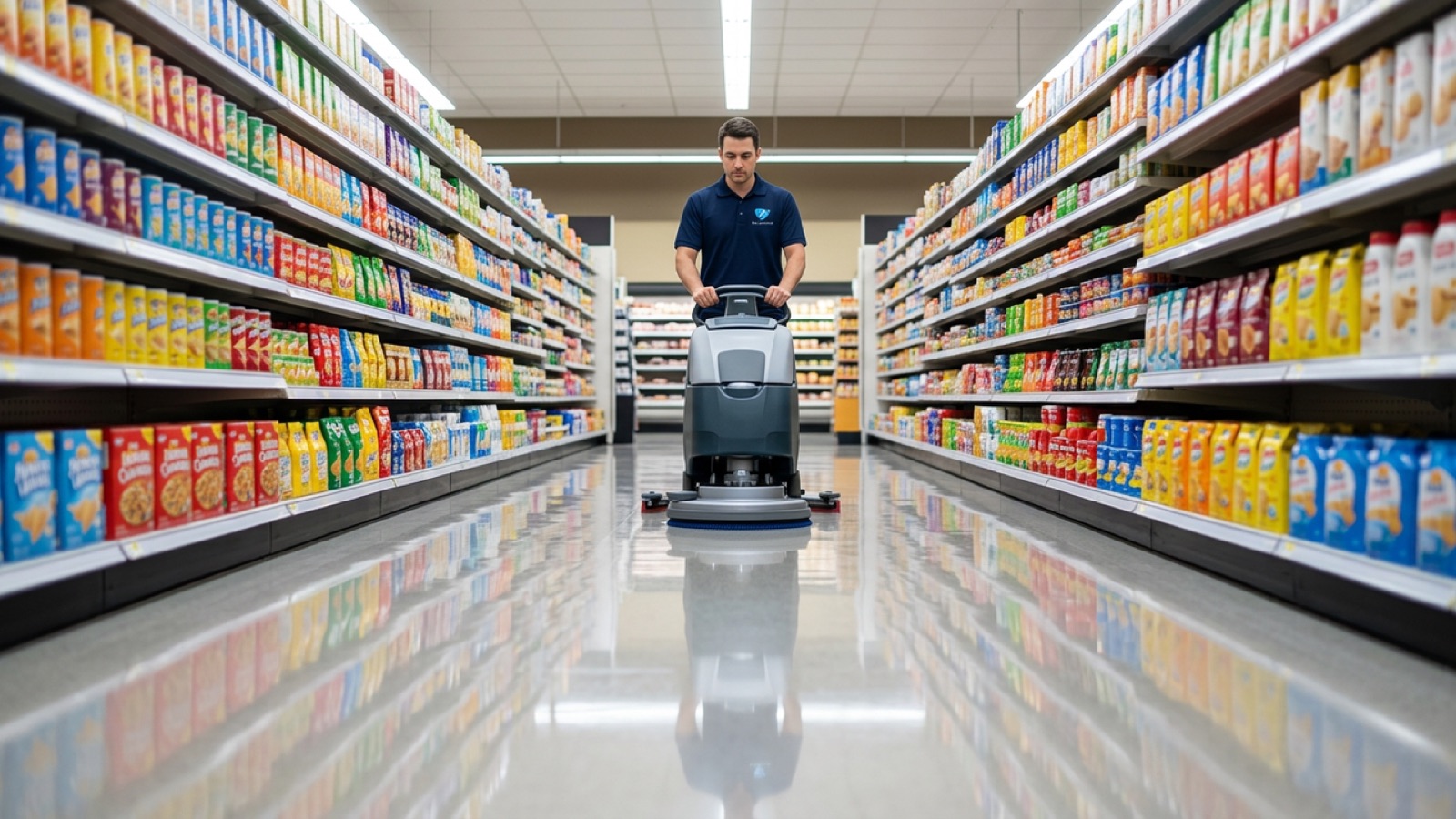 One Janitorial cleaner running a floor scrubber in a store aisle