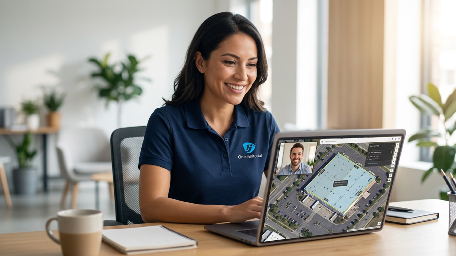 One Janitorial manager measuring a building on Google Maps during a video call